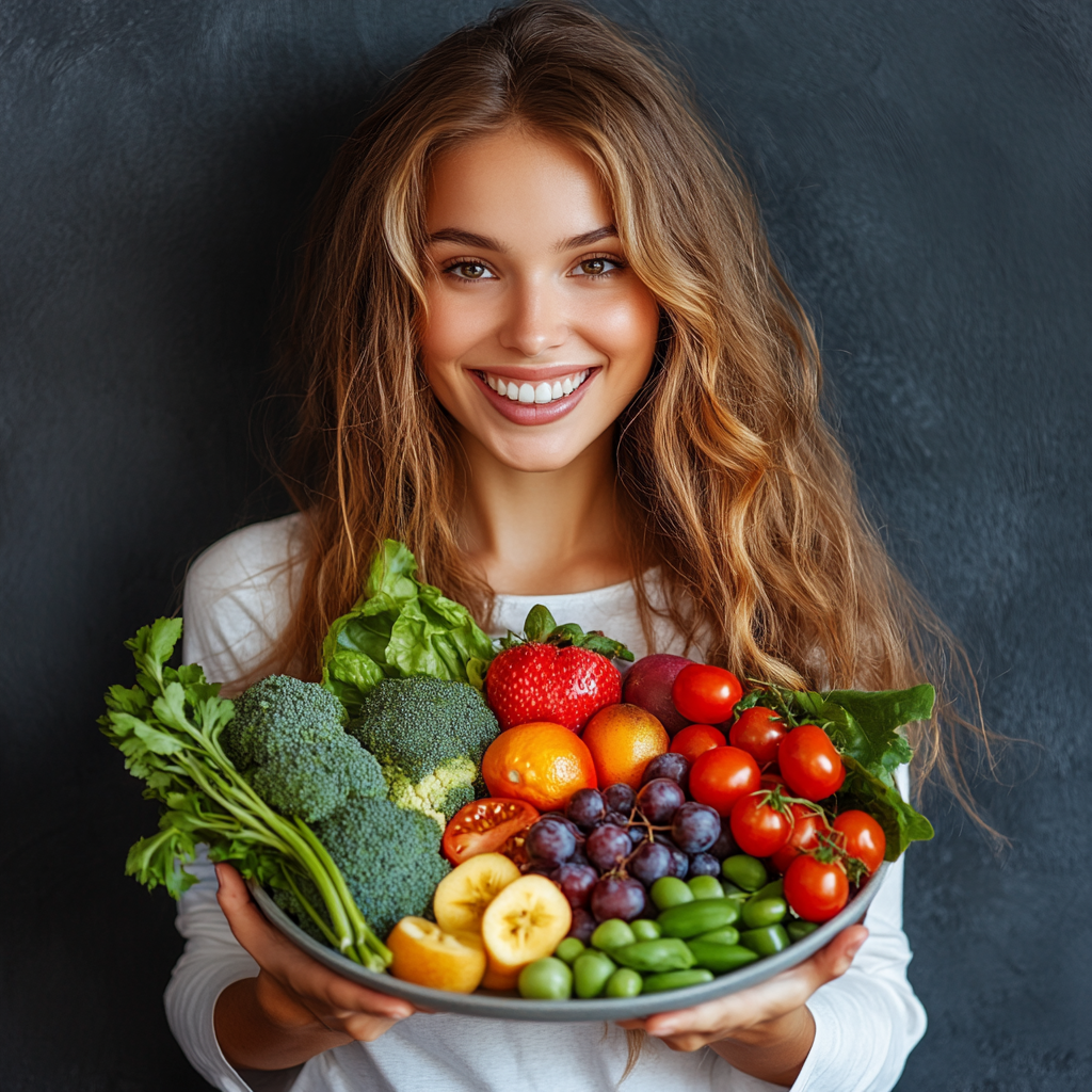 Щаслива жінка з свіжими овочами та фруктами, усміхається та тримає тарілку здорової їжі